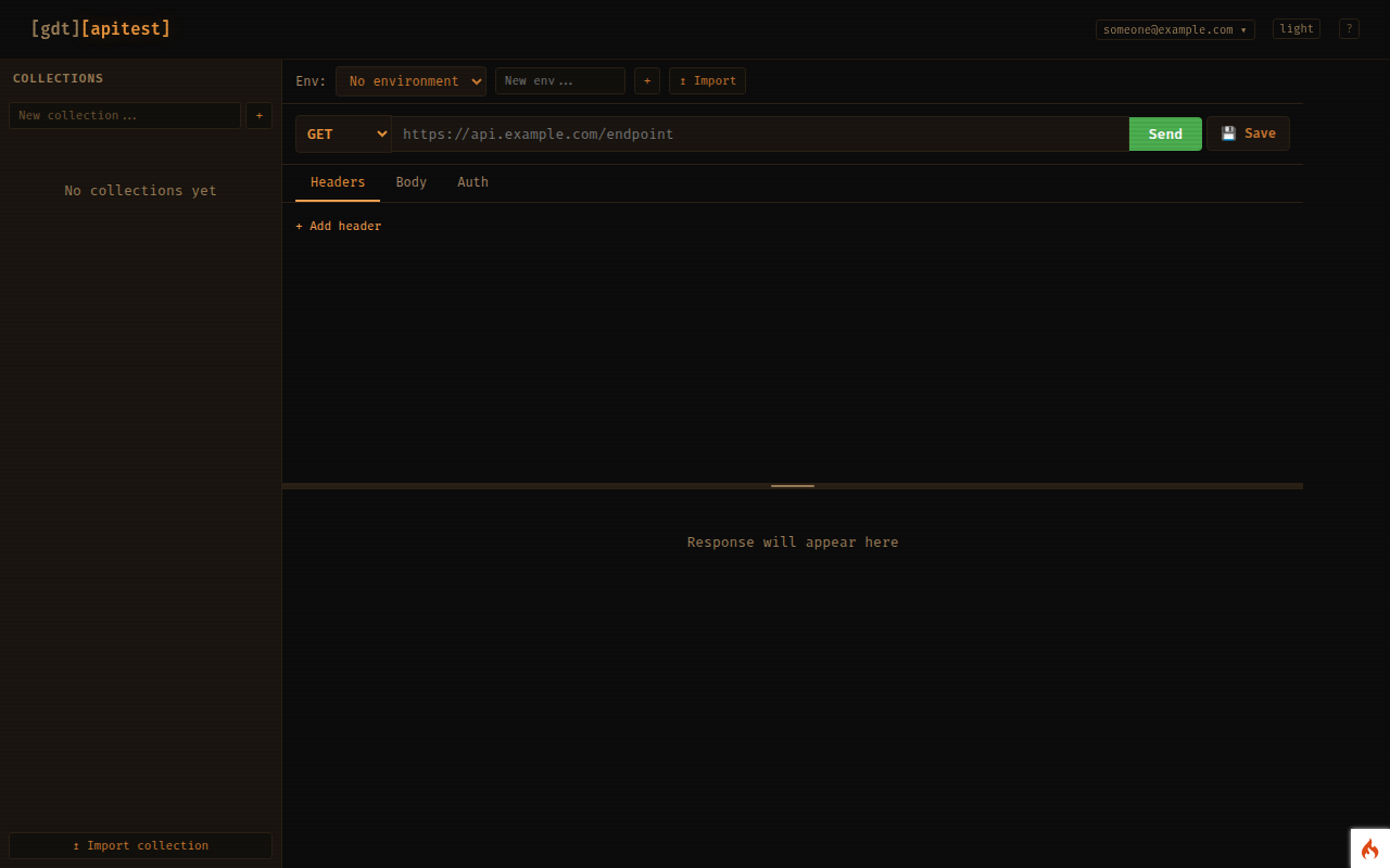 The request builder with environments, collections and the response pane.