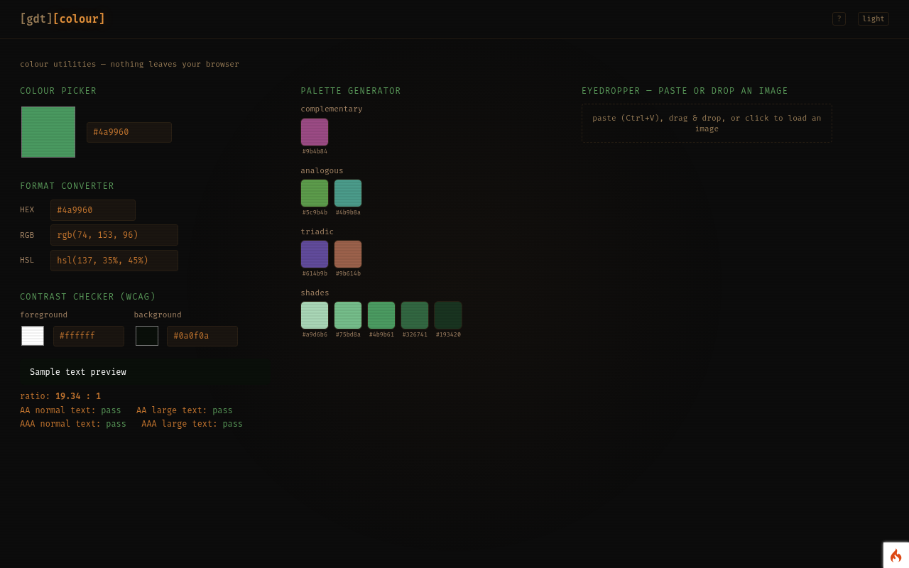 Picker, conversions and a contrast check side by side.