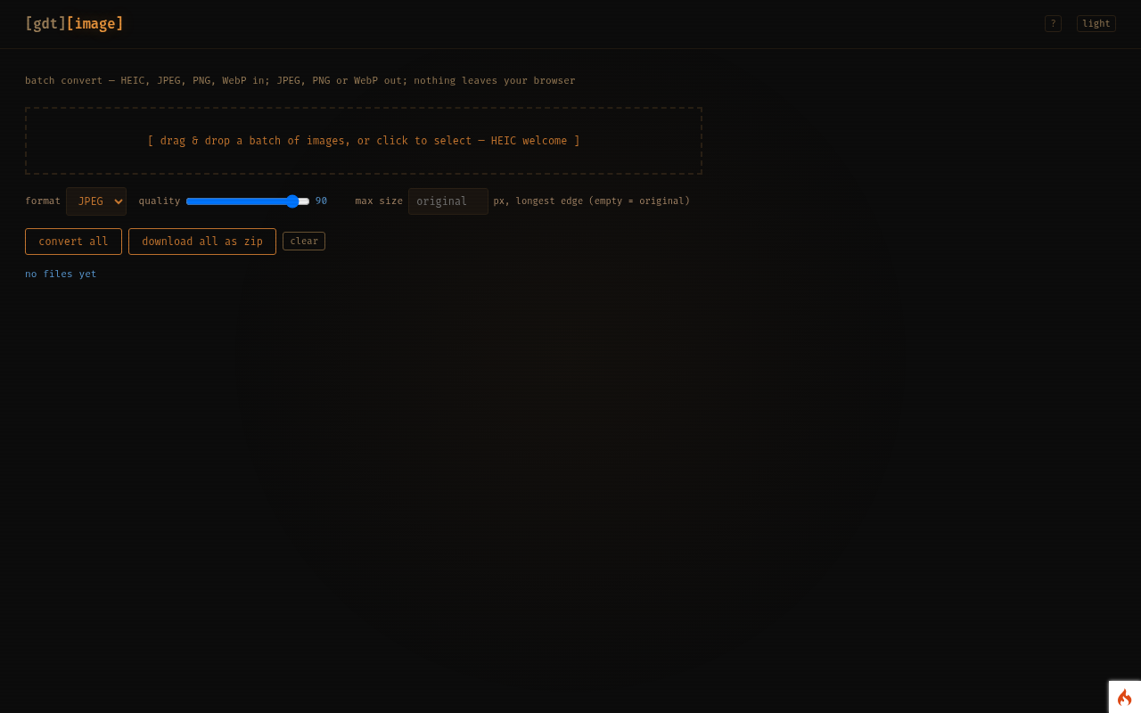 A batch of photos queued for conversion with the output format and size chosen.