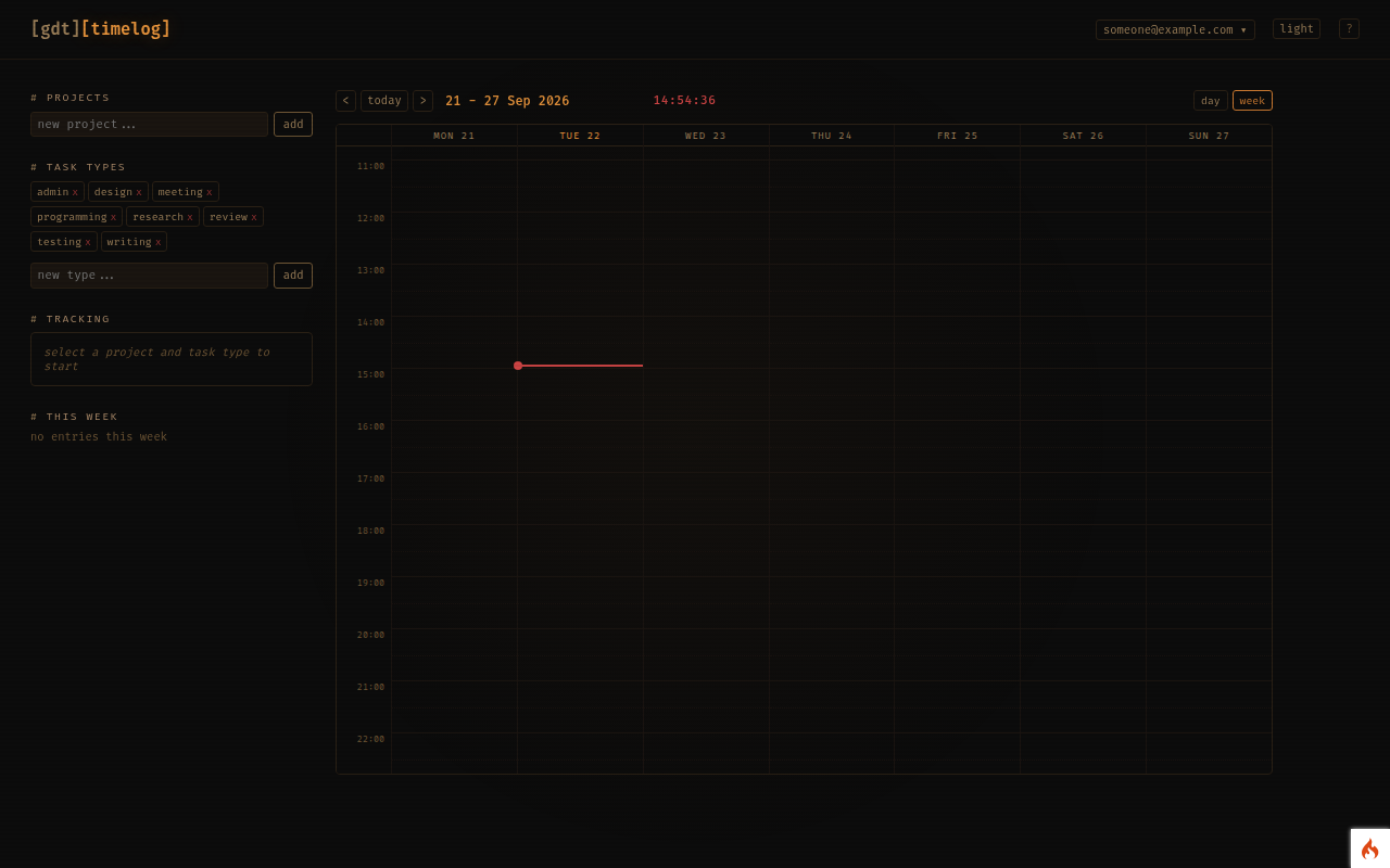 The week view with a live timer running, projects and task types set up on the left.